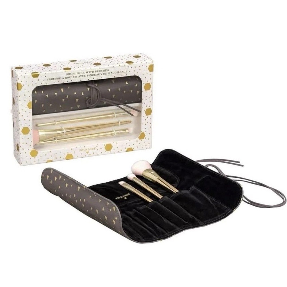 Folklore Makeup Brush Roll 4pc Gold Brushes Set NIB Gift Beauty Cosmetics Travel - Picture 3 of 5